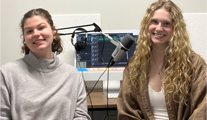 UWL Art Students Carlyn Farrow and Abby Eftemoff at UWL’s Communication & Media Lab. Both students were part of a ART: 215