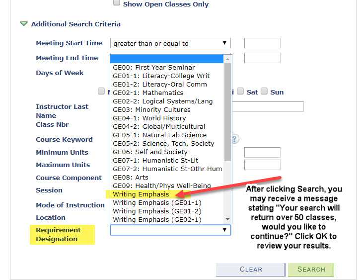 Find writing emphasis course in Timetable