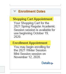 The shopping cart appointment is listed above the enrollment appointment.