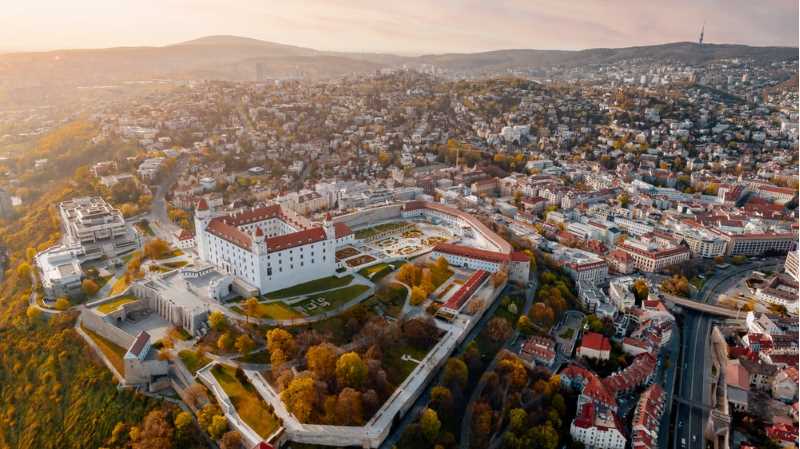 Bratislava, Slovakia has a rich history and this can be seen in the architecture covering the city with the Little Carpathians serving as the backdrop for this landscape. 