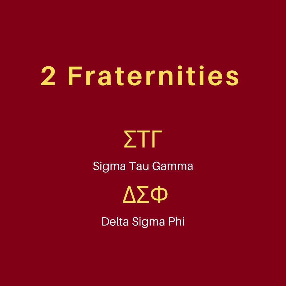 Slide listing all 6 fraternities on campus: ΣΤΓ, ΔΣΦ