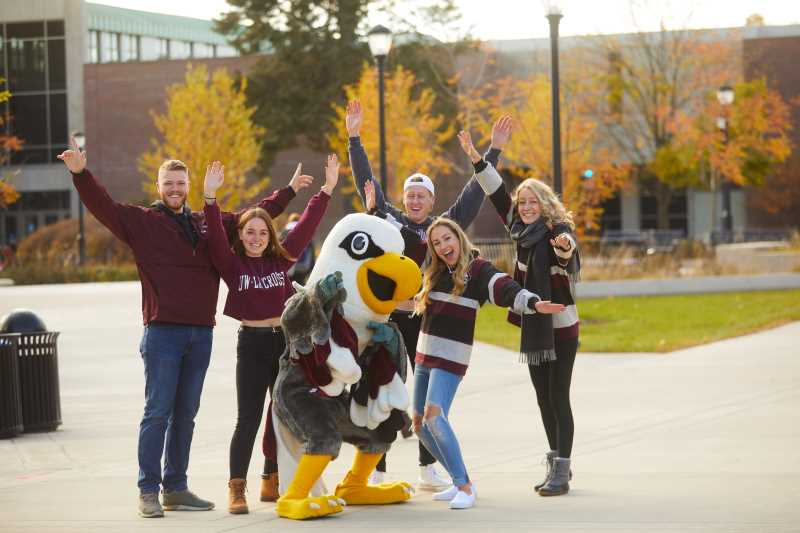 Stryker Eagle and students outside of Murphy Library