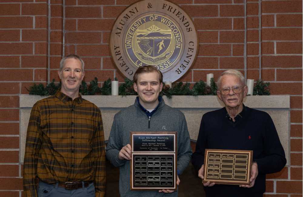 Poehling 2024 Winner Billy Vaichinger with Mr. Hank Poehling and Department Chair Colin Belby