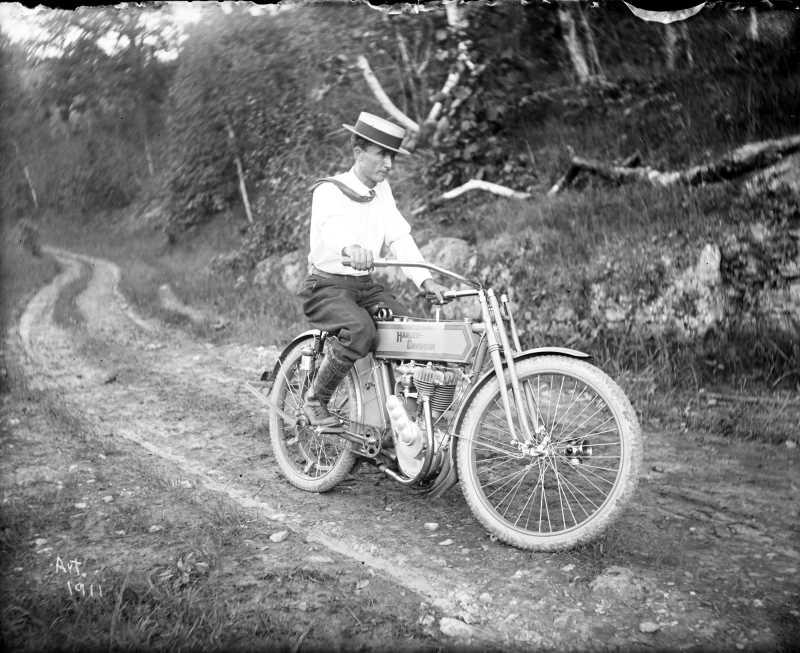 Arthur Roth on a Harley-Davidson Motorcycle, c. 1911. Photo courtesy of Murphy Library Special Collections.