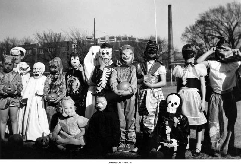 Halloween. La Crosse, WI  Black and white photograph featuring a view of La Crosse State Teachers College Training School students dressed up for Halloween, in the 1950s. From Murphy Library Digital Collections.