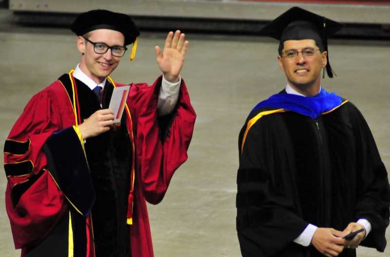 Mitch Haeuser graduated from Iowa State University in spring 2024. He will go on to lecture students in math at Iowa State University. Here Haeuser, left, is pictured with his ISU Advisor Pablo Raúl Stinga. 