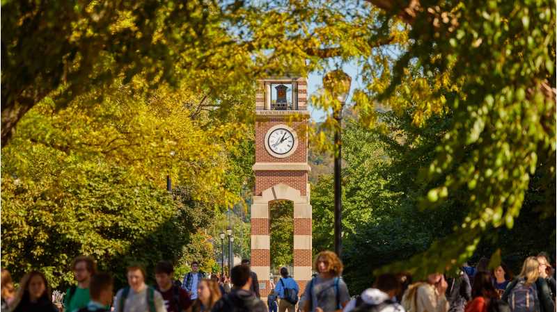 Hoeschler Tower rises above the changing fall leaves.