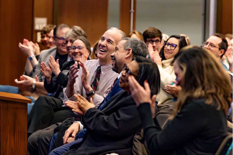 Bob Hetzel, pictured center, retired in July 2024 after 17 years of distinguished service as vice chancellor for Administration & Finance. Here Hetzel is pictured among colleagues during the January 2024 Chancellor's Address.