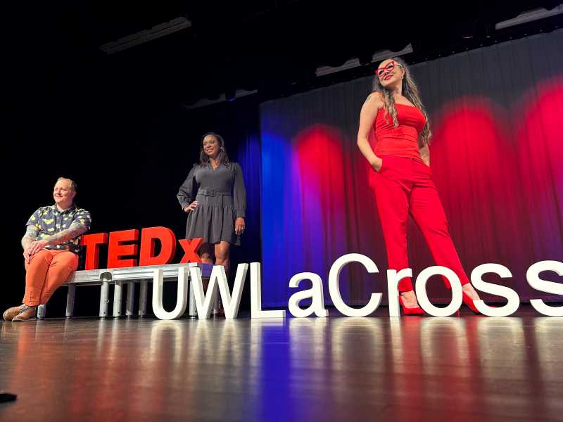 TEDxUWLaCrosse speakers from left, Andrew Ives, director of the UWL ACCESS Center; Carolyn Colleen Bostrack, Ph.D., Author, Entrepreneur, Humanitarian; and Sona Kazemi, assistant professor, Race, Gender & Sexuality Studies.  