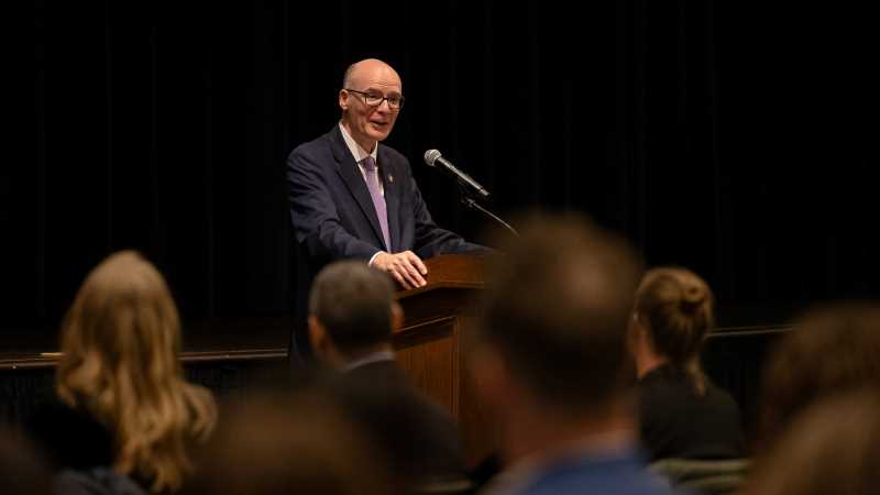 Chancellor James Beeby welcomed staff and faculty to campus before the start of the spring semester.