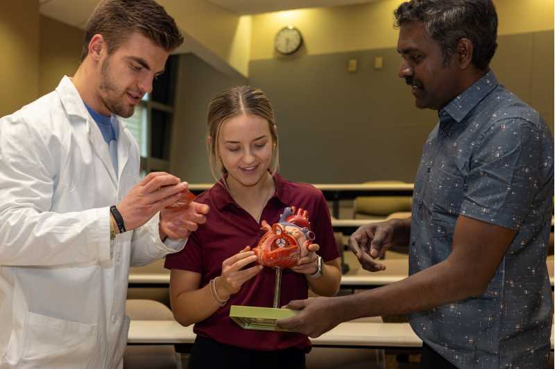 UW-La Crosse students in a Pathophysiology course researched various medical conditions and created Health Insight Manuals for the general public. From left, physical therapy students JJ Langer and Ellyn Lepisto with Steni Sackiriyas, assistant professor of physical therapy.