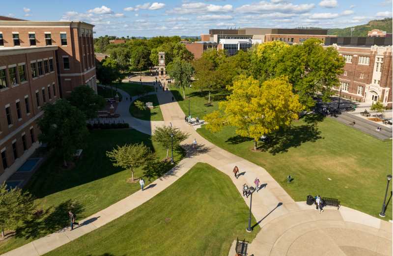 UW-La Crosse campus shot in fall 2024. Alumna Neva Moga, ’97, says “Living Maroon” for her means being proud of her university and returning to see how it is still innovating and always striving to improve. 