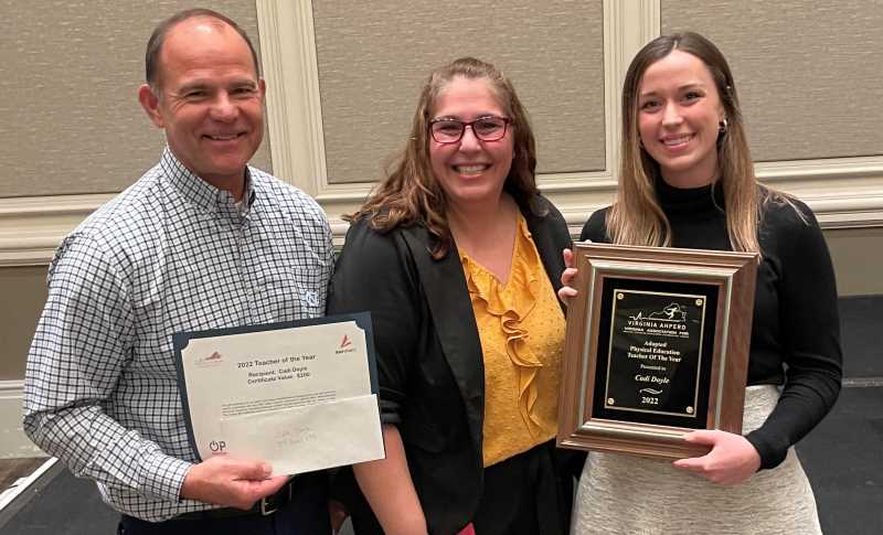 Cadi Doyle, ’16, was honored with the Adapted Physical Education Teacher of the Year Award by the Society of Health and Physical Educators (SHAPE America). [Doyle pictured on right]