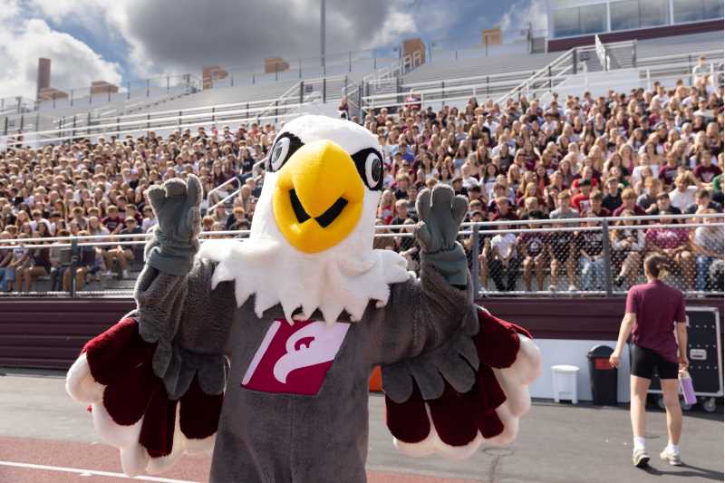 Stryker Eagle with UWL students at New Student Orientation at Roger Harring Stadium at Veterans Memorial Field Sports Complex this fall.