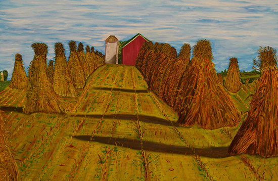 A painting by Jim Bennett of a hay field.