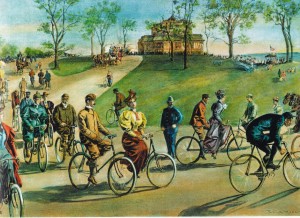 Bicycle craze on Riverside Drive in New York City in 1895, from the magazine Punch.