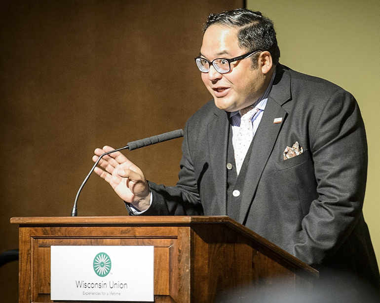 Victor M. Macias-Gonzalez, professor of history at UW-La Crosse, speaks to the audience after being presented with a UW Board of Regents Diversity Award during a Board of Regents meeting held in Varsity Hall inside Union South at the University of Wisconsin-Madison on Feb. 6, 2015. (Photo by Bryce Richter / UW-Madison)