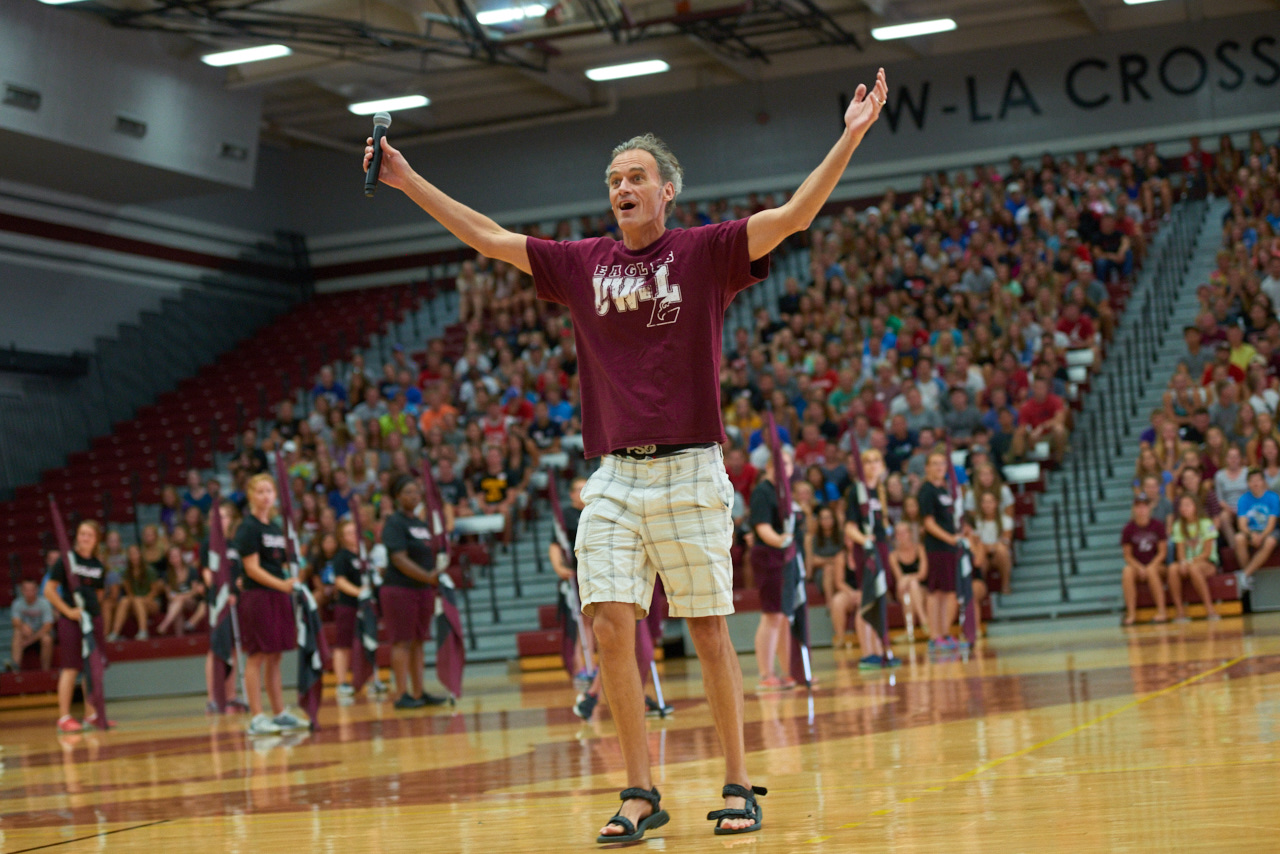 Chancellor Joe Gow fires-up the incoming freshman students during a welcome pep rally.