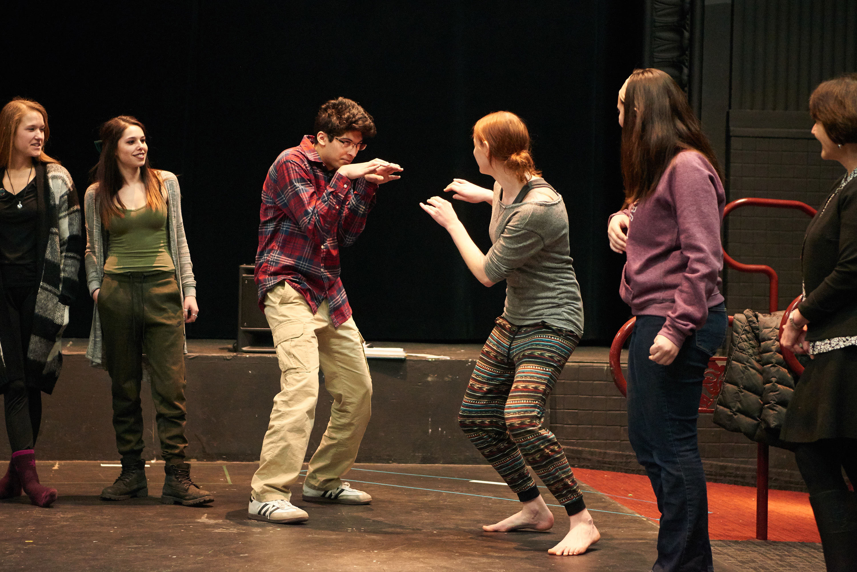 UWL theater students engage in a game of improvisation where the students invent characters and situations on the spot in Frederick Theater, Morris Hall. 