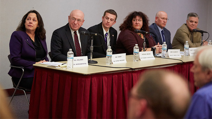 The panel included, from left, Rep. Jill Billings; UW System President Ray Cross; Patrick Bever, vice president of the UWL Student Association; Anne Galbraith, UWL Faculty Senate chair; Rusty Cunningham, editor of the La Crosse Tribune; Brent Smith, former member of the UW System Board of Regents. The panel was moderated by Joe Heim, UWL professor emeritus and university legislative liaison.