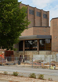 An old retaining wall was removed from the Center for the Arts building. Renovation of the entrance is underway.