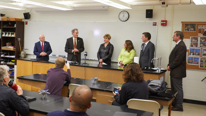 Community and Wisconsin leaders turned out to show support for Phase II of the Prairie Springs Science Center during a press conference inside the 54-year-old science building at UWL, Cowley Hall. Dr. Paul Mueller, Mayo Health Systems vice president for the southwestern region, explained the need for STEM graduates in Wisconsin and the importance of investing in science infrastructure at UWL that will help prepare tomorrow’s healthcare workforce. From left, UW System President Ray Cross, UWL Chancellor Joe Gow, Sen. Jennifer Shilling, Vicki Markussen, executive director of the La Crosse Area Chamber of Commerce, Mueller and UWL College of Science and Health Dean Mark Sandheinrich.