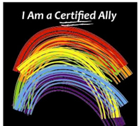 Rainbow art with certified ally text.