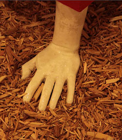 Hand on wood chips artwork. 