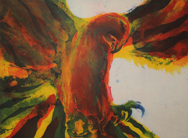 Painting of a bird in reds, yellows and greens.