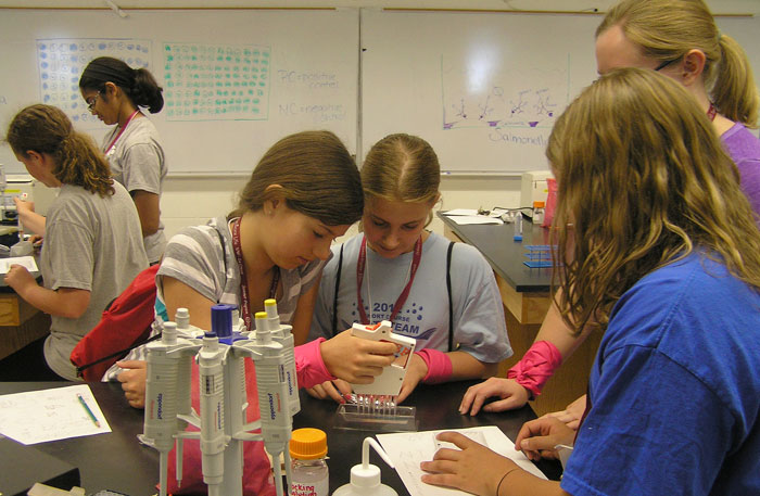 Girls doing biology experiment. 