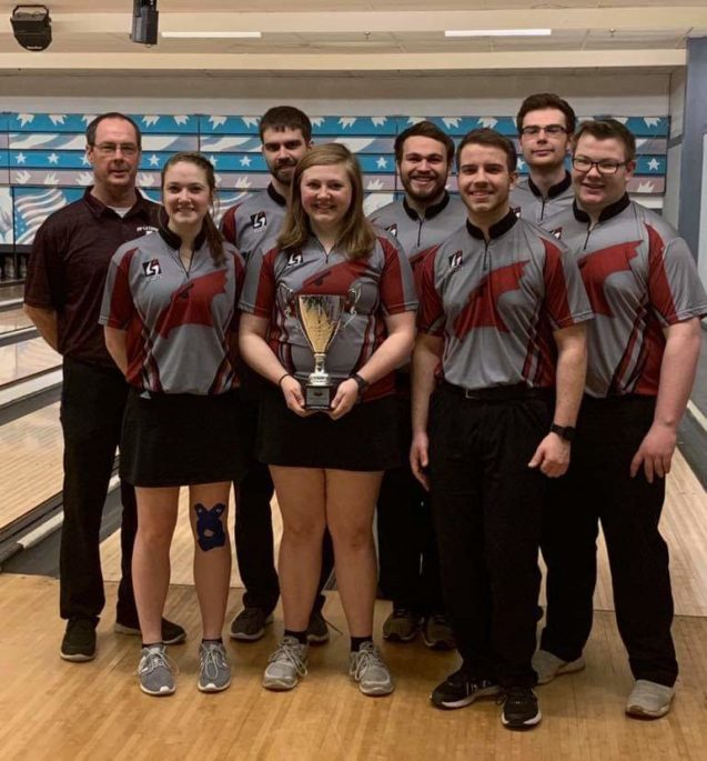 The UWL Bowling Club team that earned second at nationals, from left, included Coach Scott Dunnum, Taylor Gonio, Quin Bedford, Abbie Jansen, Zach Hanson, Tyler Frahm, Jacob Dunnum and Matt Milos.