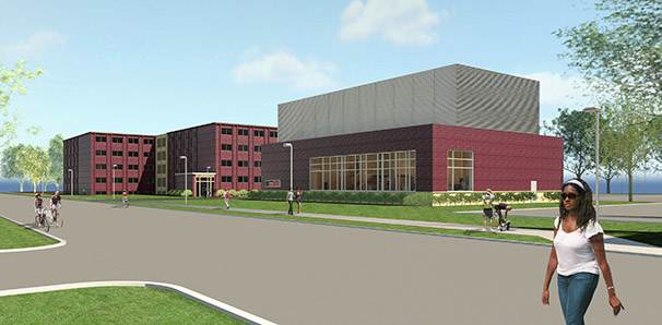 Rendering of the new water chilling plant on Badger Street. Angell Hall is in the background. 