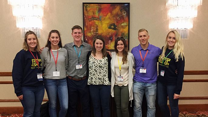 UWL students attending the summit were from left, Junior Rachel Ajack, international business and Spanish; Junior Rachel Nolan, finance; Junior Jon Barnes, accountancy; Senior Hannah Thomsen, marketing and Spanish; Senior Emily Sherwin, marketing; Senior Adam Letto, marketing; Senior Kayla Peterson, management and marketing.