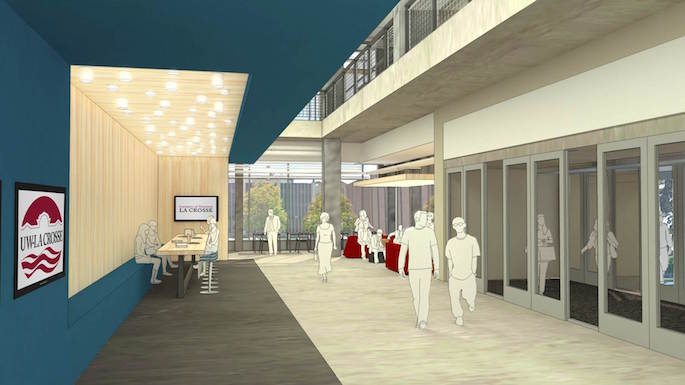 Image of a walkway and lounge area in the new building.