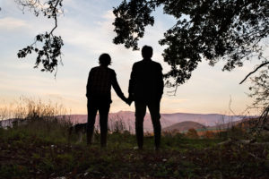 Active senior couple with dog on a walk in a forest in the evening, holding hands. Rear view.