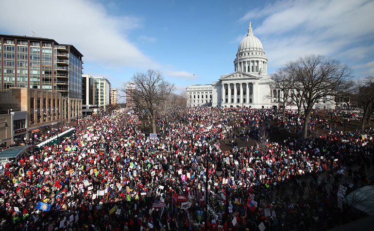 Photo of rally at Wisconsin Capitol. 