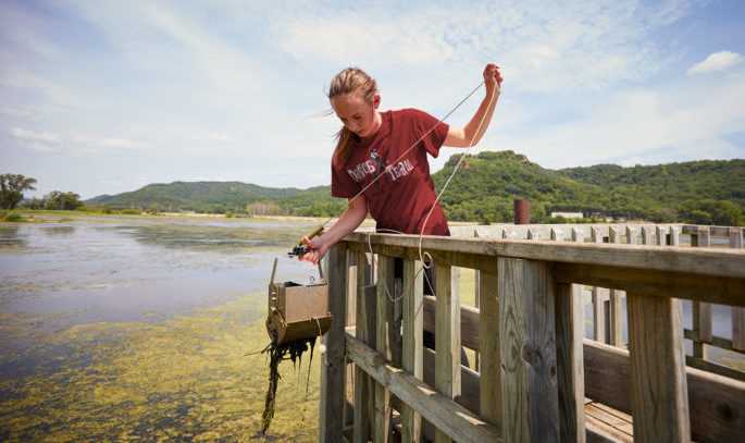UWL graduate student Anna Hilger pulling up marsh water and sediment from La Crosse’s Myrick Marsh. The water will be mixed with crude oil for testing.
Read more →