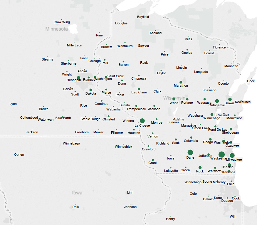 Map showing scaled dots depicting where the highest concentrations of students come from.