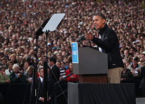 Obama talking to crowd. 