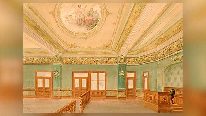 La Crosse County Courthouse interior courtroom design. This painting has artistic merit, but is also useful in showing how Oyen’s firm would propose design ideas to an architect and client. Many design elements in this painting, including the large mural on the ceiling and the eagle stenciling, were incorporated into the courtroom. Other details in the painting, such as the stenciling behind the judge’s bench and the use of the county’s initials in a “crest,” were modified or left out. Other design elements like the use of columns behind the judge’s bench were not in the design painting, but were a part of the courtroom construction.
Read more →