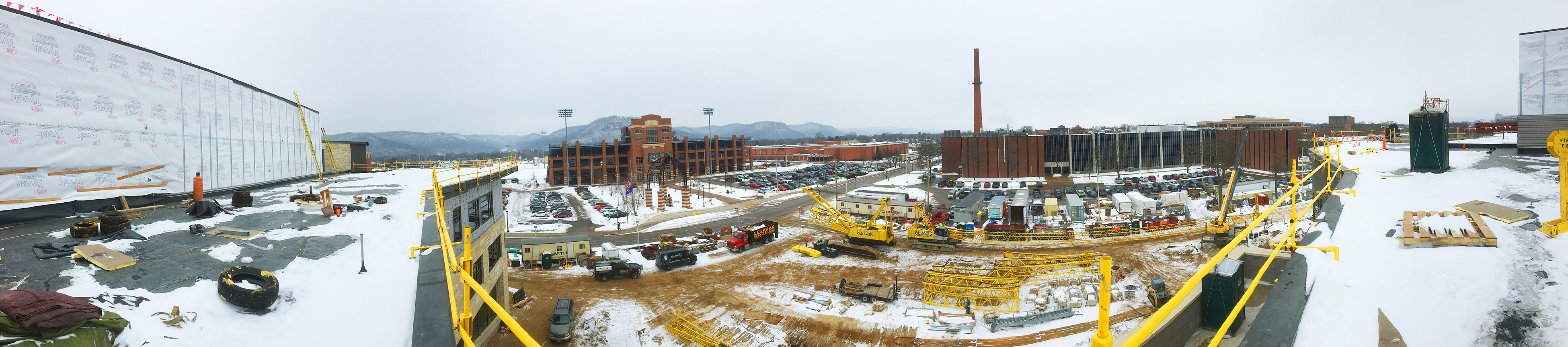 A panorama of campus and the construction site. 