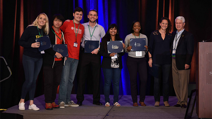 UWL senior Kayla Peterson, far left, pictured with her group at the summit. They took second overall. UWL senior Hannah Thomsen’s team took first overall. Photo courtesy of Glennon Williams.