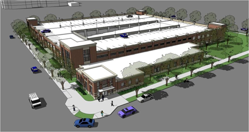 Architectural rendering of UW-L's new parking ramp and police services building