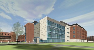 Artistic rendering of the new science labs building from the southwest corner.