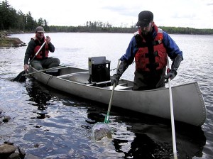 Image of Mark Sandheinrich and Sean Bailey sitting in a canoe and diping their nets in the waters of Shoepack Lake.