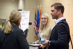 UWL Junior Kayla Peterson interacts with people from local businesses. She won this year’s UWL Sales Competition.