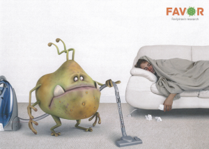 Image of a flu bug vacuuming by a sleeping person.