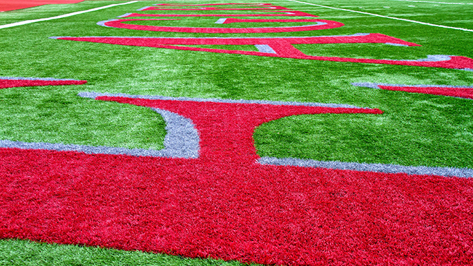 Roger Harring Stadium at Veterans Memorial Field Sports Complex. Image up close of the grass where it says "Eagles" in red.