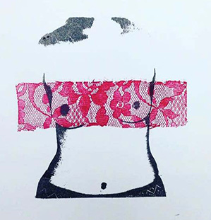 Madline Thorn, who was born in Hassfurt, Germany, has lived in the U.S. most of her life. She is inspired by the female body and how it is perceived in the media and society. She primarily works in printmaking using methods such as Chine¬collé and photo lithography.