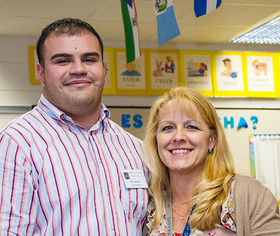 Image of Teacher candidate Terry Anzueto pictured with cooperating teacher Janelle Laufenberg from Logan Middle School. 